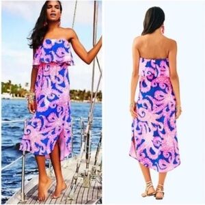 Lilly Pulitzer Meridian Strapless Midi Dress Ikat Blue Mocean Style 29525 Small